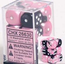 CHX26630 - Dice d6 Set: Black Pink with white - 16mm (12) Block of Dice